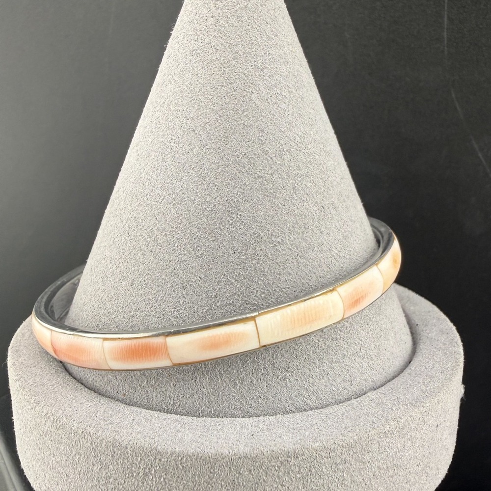 Vintage Estate Bangle Bracelet Silver Pink Shell Inlay Stackable 8.5in